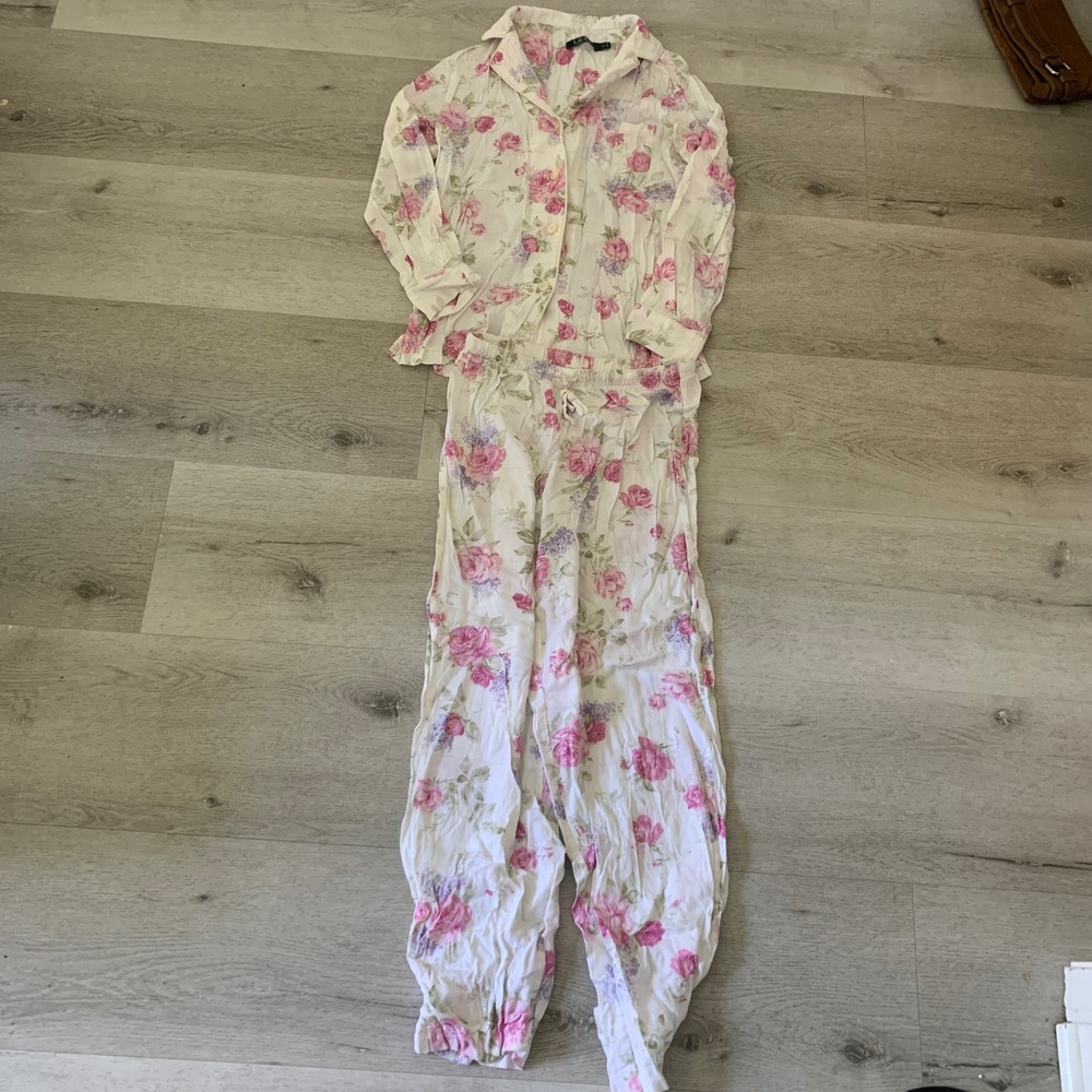 Lauren Ralph Lauren Floral Pajama Set Pink Purple White Cotton Blend XS